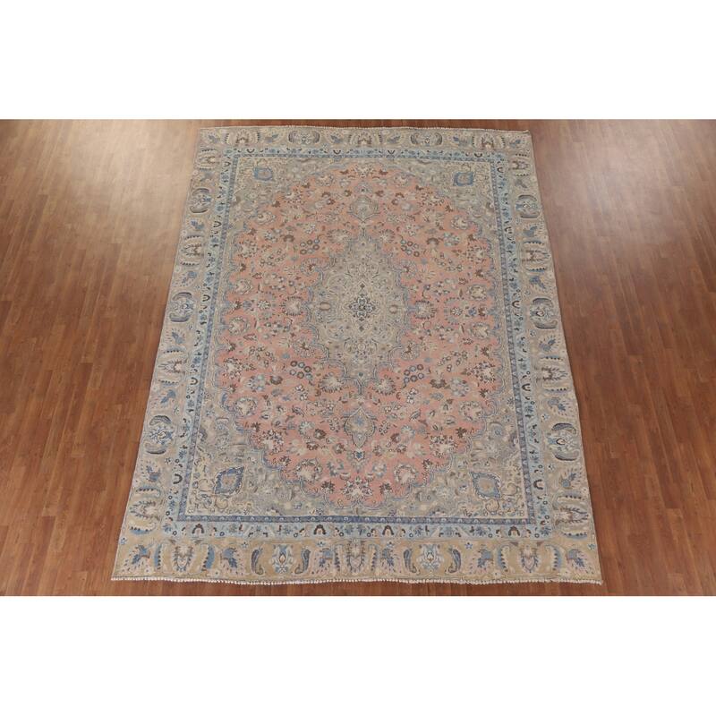 Hand Knotted Oriental 100% Wool Carpet Traditional Floral Pink Mashad Area Rug - 11' 6'' X 8' 9''