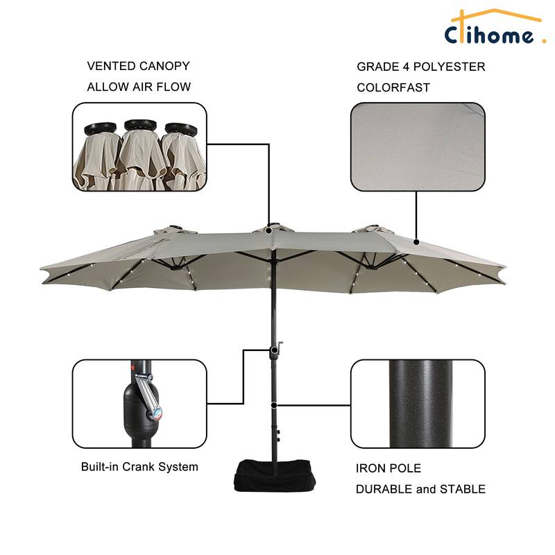 Clihome 15FT Double-Sided Solar Light Market Crank Umbrella with Base