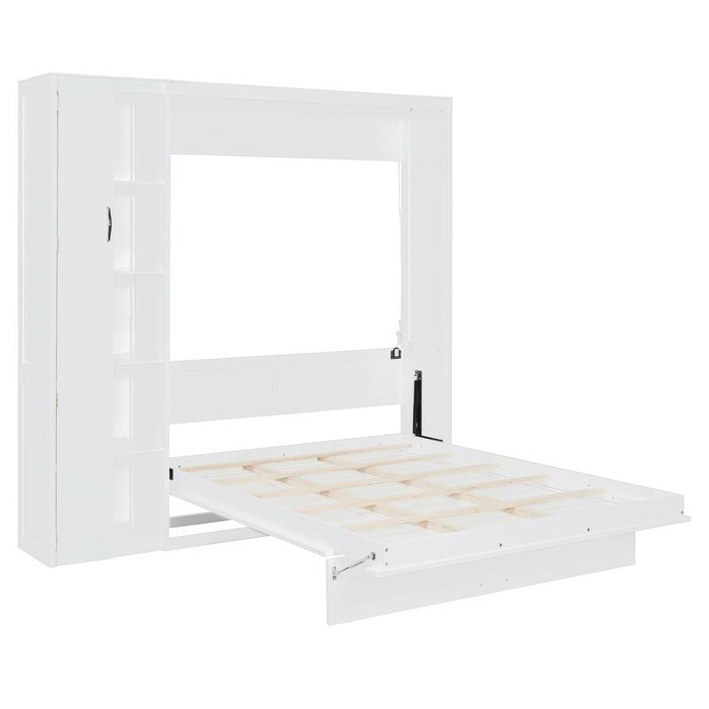 Space-Saving White Murphy Bed with Shelves, Wardrobe & LED Lights - Full Size