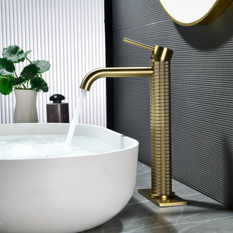 11.8"H Solid Brass Single-handle Bathroom Sink Faucet - Brushed Gold