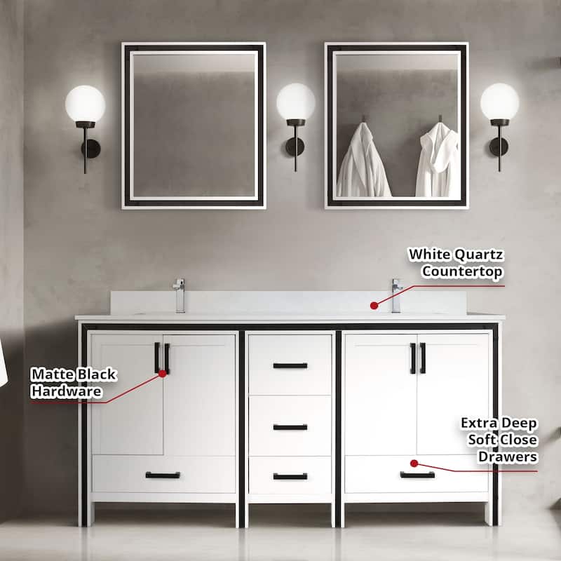 Ziva 72 in W x 22 in D White Double Bath Vanity, White Quartz Top and 30 in Mirrors