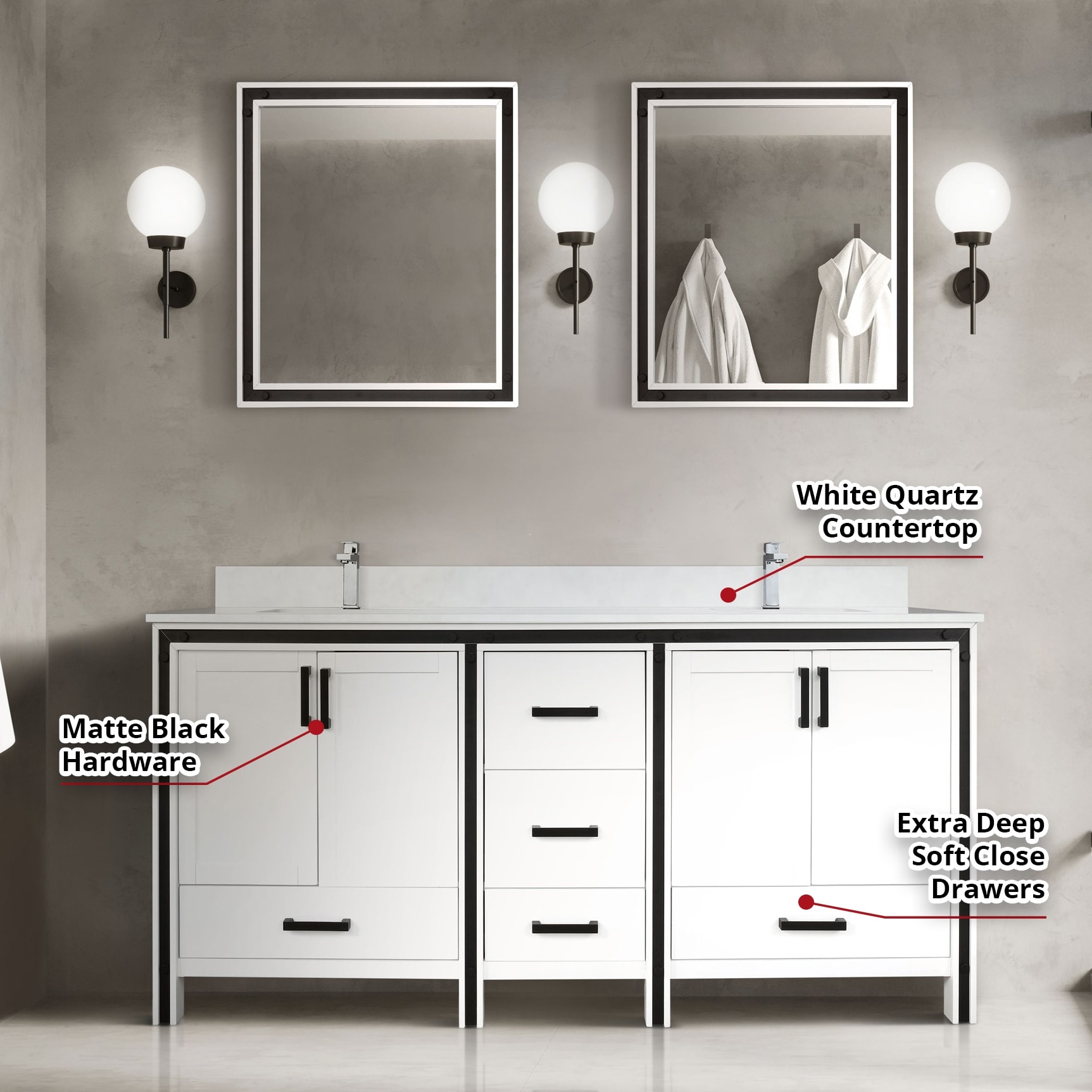 Ziva 72 in W x 22 in D White Double Bath Vanity, White Quartz Top