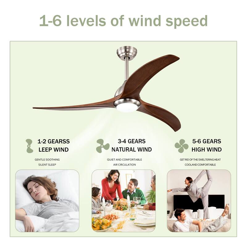 52" Solid Wood Blades Ceiling Fan With Light with Remote Control,Noiseless Reversible Motor,6 Speed,3 Color