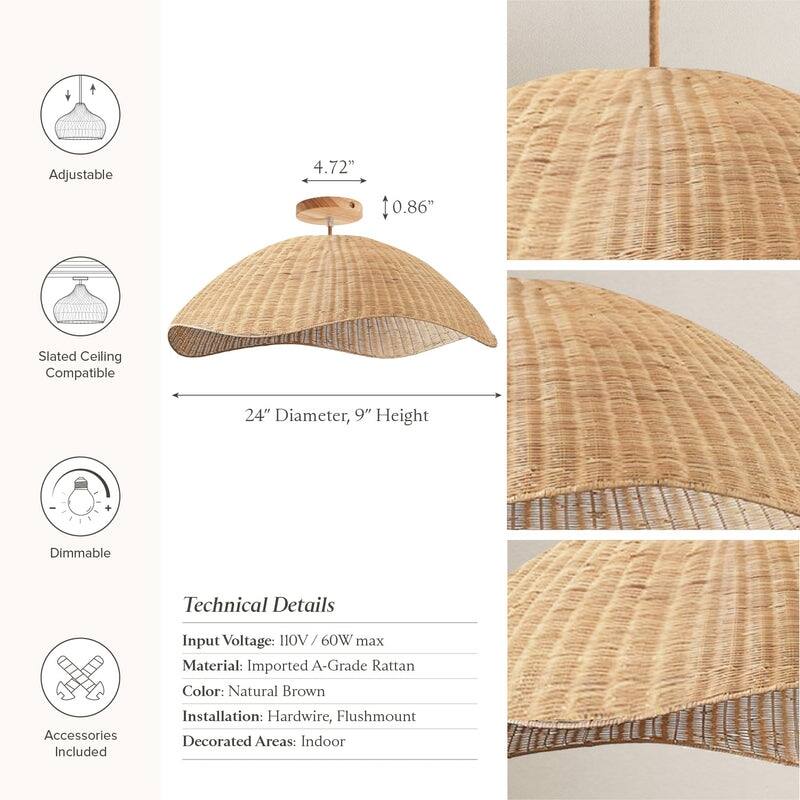 Nana Rattan Flush Mount Rattan Natural Sculptural Handwoven Ceiling Light for Hallway or Kitchen in Modern, Farmhouse Style