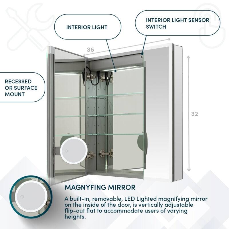 AQUADOM Edge Royale 36W Bathroom Led Lighted Medicine Cabinet Defogger, 3X LED Adjustable Magnifying Mirror, Electrical Outlets