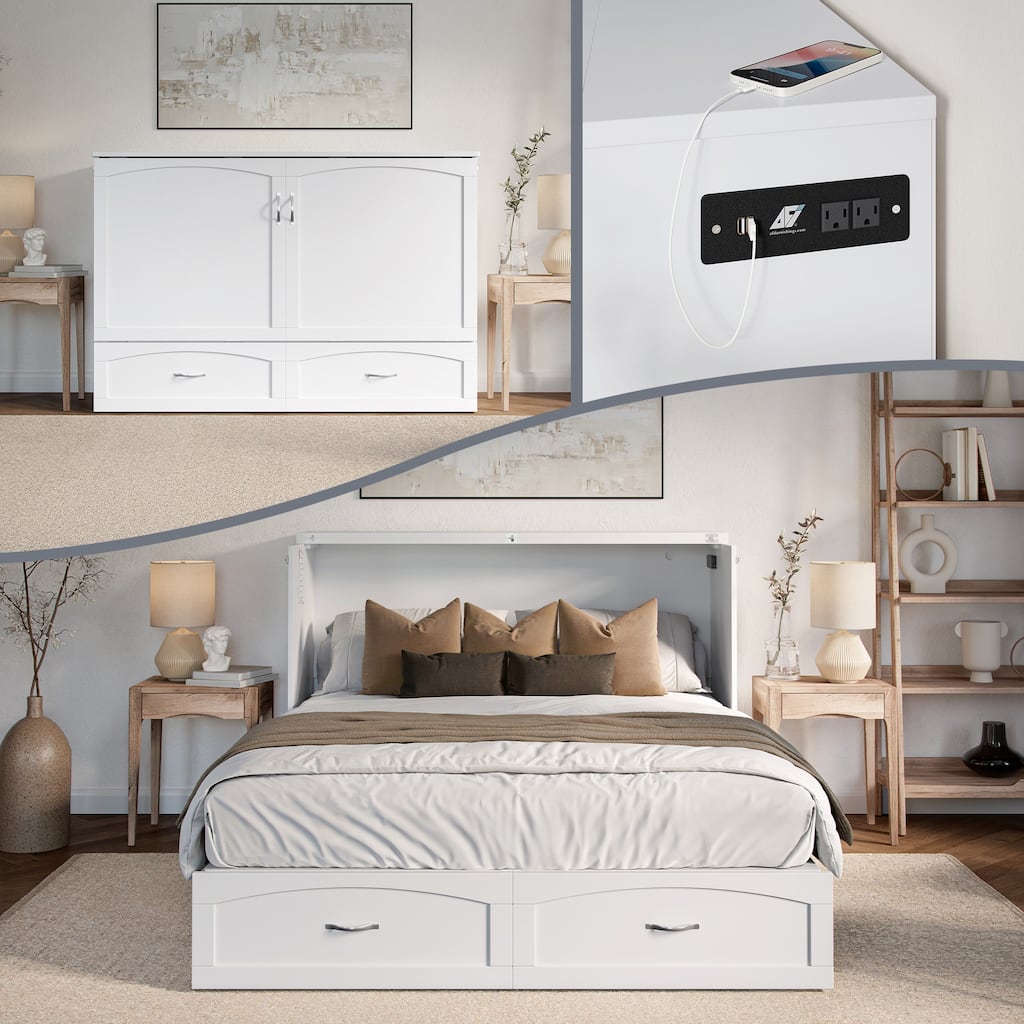 Marion Queen Murphy Bed Chest with 6" Mattress, Storage Drawer & Built-In Charger