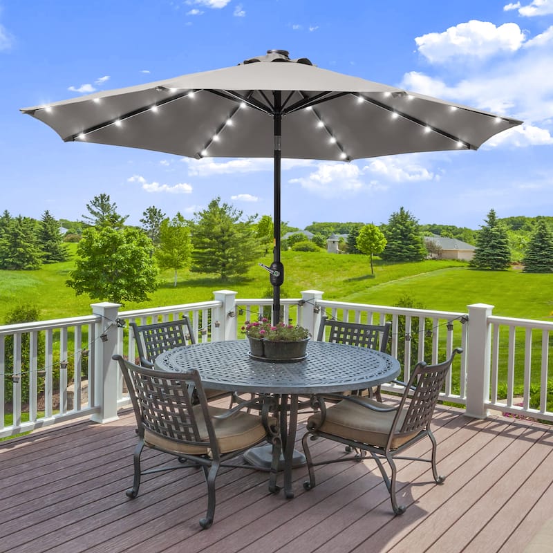 LIVOOSUN LED 9ft Patio Umbrella Market Umbrella Steel Tilt w/Crank - Grey