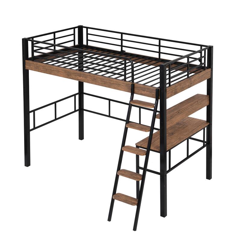 Metal Twin Loft Bed with Desk, Ladder, and Storage Shelf, Space-Saving Design
