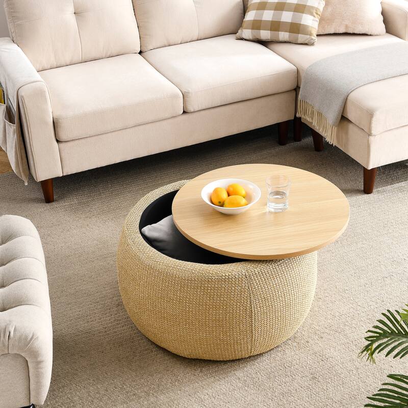 Anmytek Round Storage Ottoman Table Woven Fabric Wood Top Multi Functional Small Space