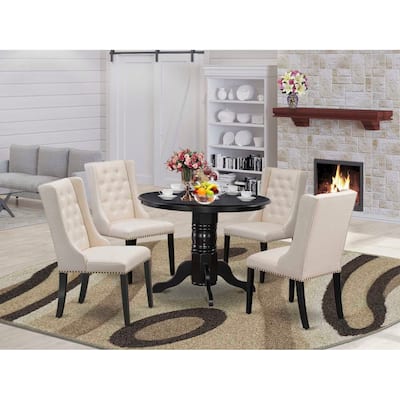 HomeStock 5-Piece Black Finish Solid Wood Top Dining Table with 4 Upholstered Chairs