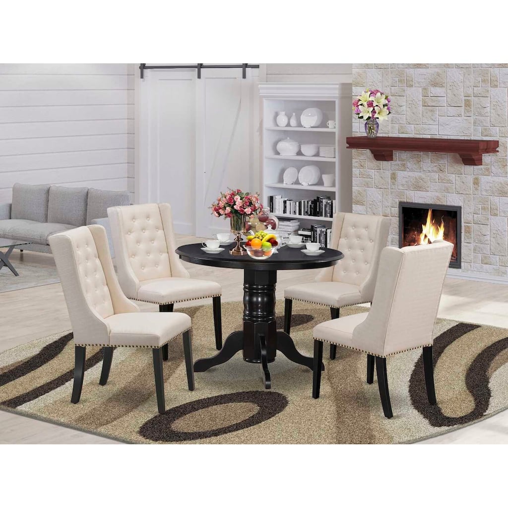 HomeStock 5-Piece Black Finish Solid Wood Top Dining Table with 4 Upholstered Chairs