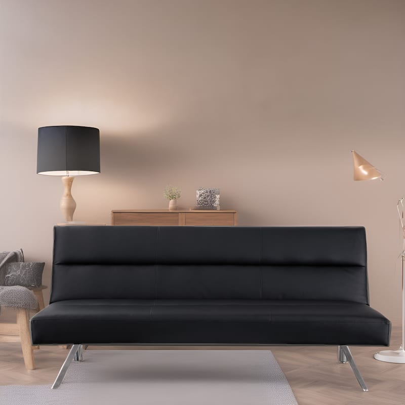 Modern Faux Leather Futon Sofa Bed - Convertible Folding Couch with Chrome Legs, Small Reclining Sofa
