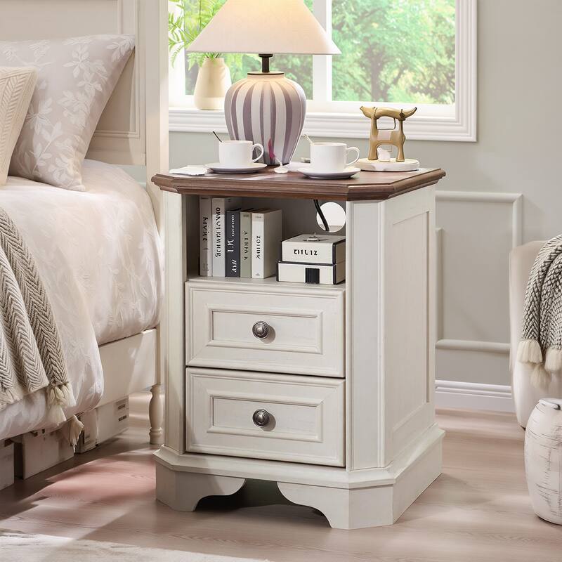 Farmhouse Nightstand with Charging Station, Beside Table for Bedroom - White