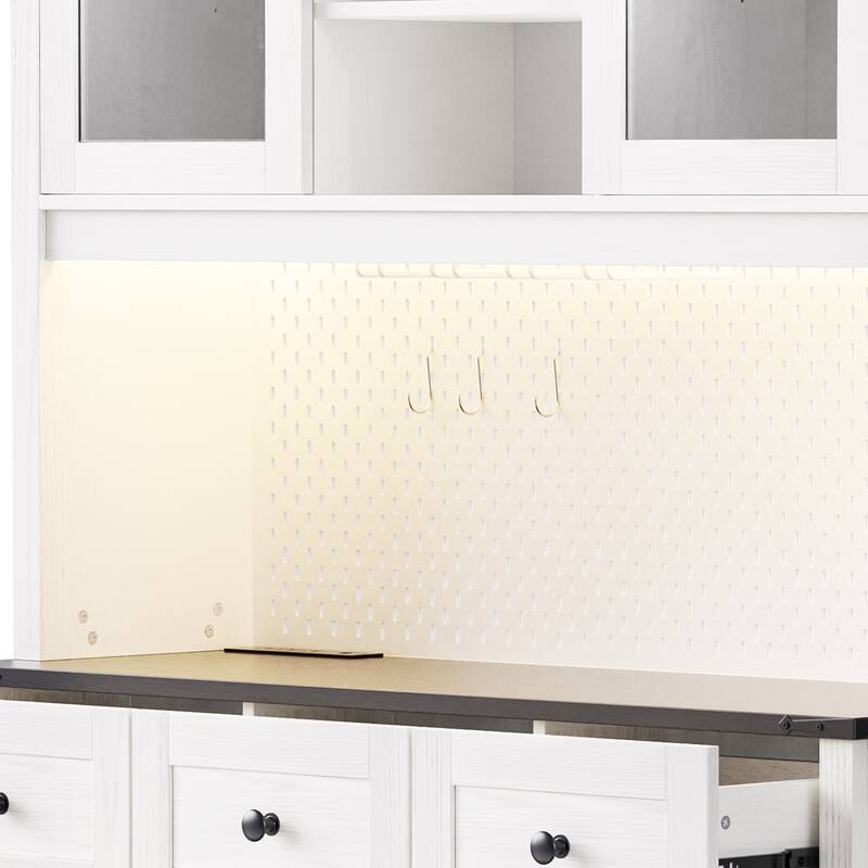 47.25'' Farmhosue Pantry Bar Cabinet in White Oak with Hutch,Power Outlet,Pegboard,Wine & Glasses Rack and 3 Drawers