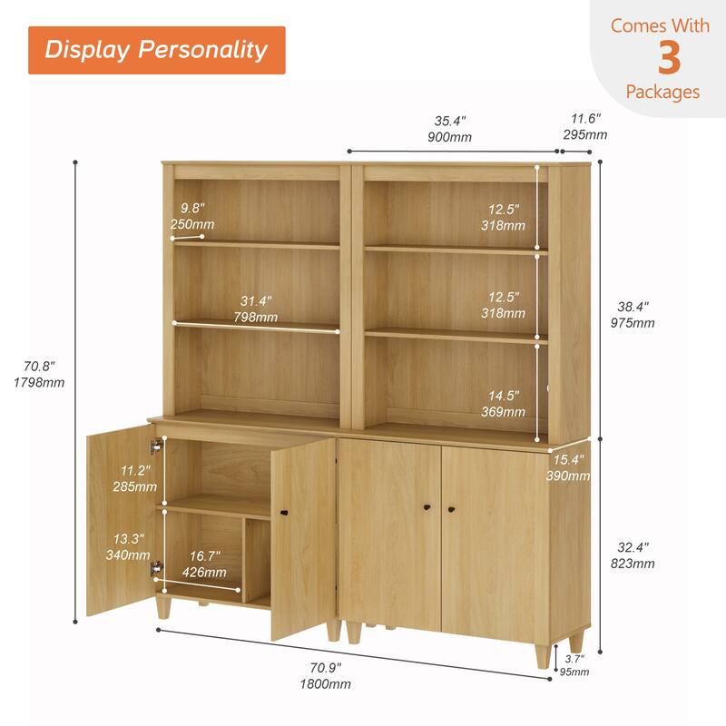 WAMPAT Modern 71" Tall Bookcase with Cabinets, 2 Column 5 Tiers