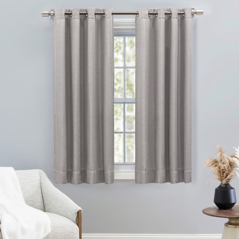 Premium Grasscloth Soft Sheen Grommet Short Curtain Panel w/ Pull Wand - 54"W x 45"L - Ash