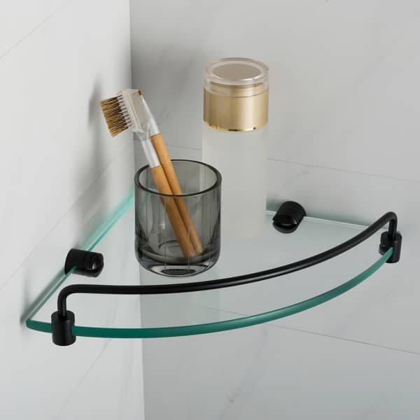 Foxtrot 8 in. L x 15 in. H x 8 in. W 3-Tier Corner Clear Glass Bathroom Shelf in Brushed Bronze Foxtrot 8 in. L x 15 in. H x 8 in. W 3-Tier Corner Clear Glass Bathroom Shelf in Brushed Bronze