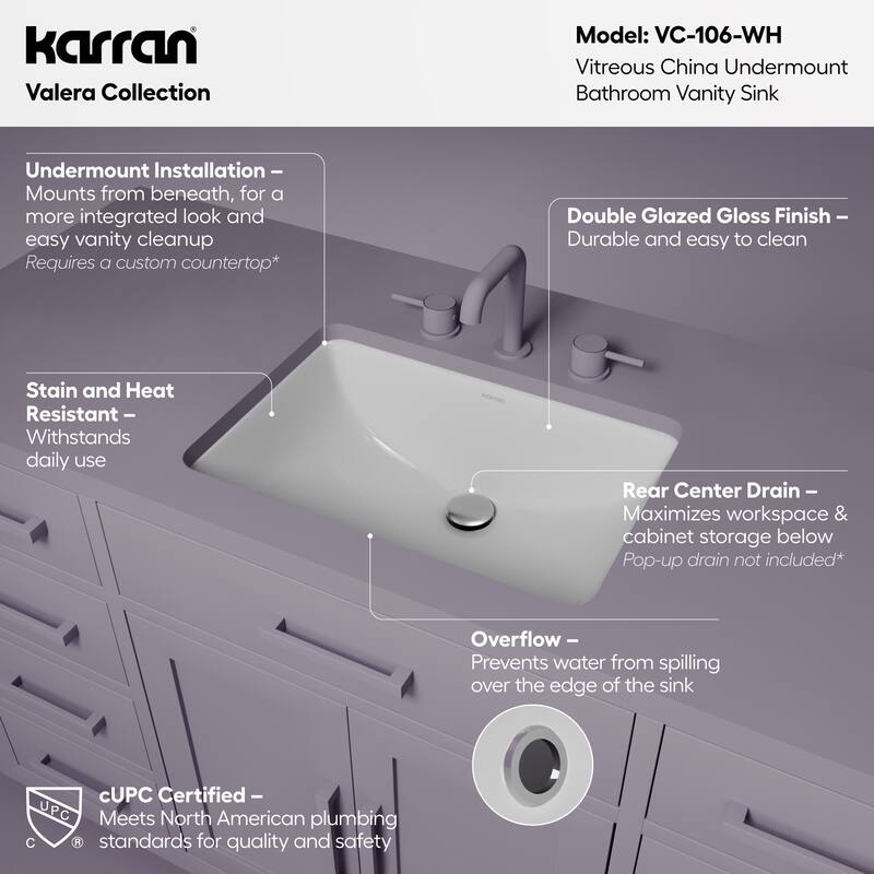 Karran 21-1/4" Undermount Vitreous China Bathroom Sink In White