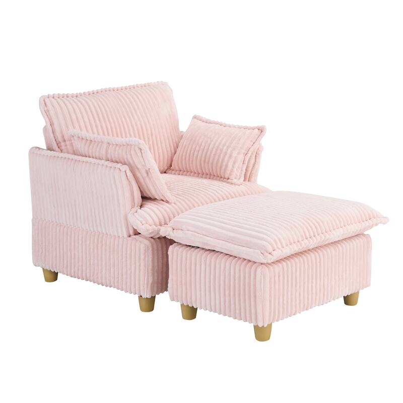Single Sofa with Ottoman, Comfy Corduroy Upholstered Armchair, Lounge Chair with Throw Pillows for Living Room, Balcony