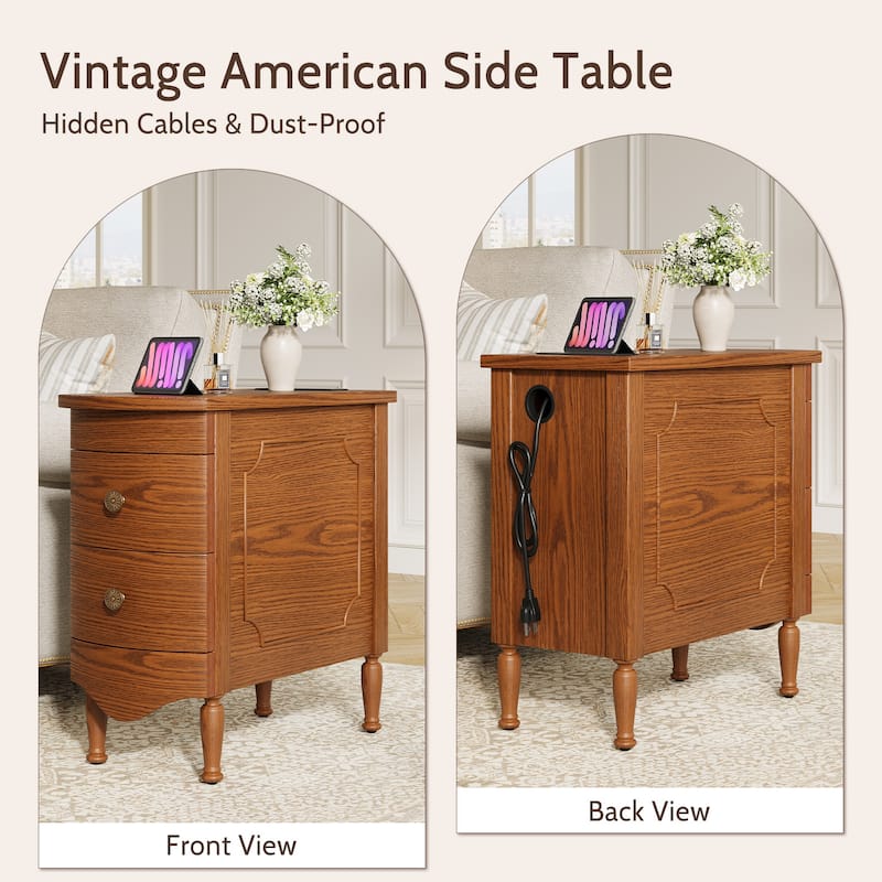 Rossetta Vintage Style Slim Narrow End Table with Convenient Charging Station and Deep Drawers, Easy Assembly
