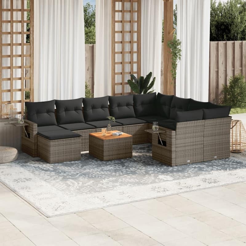 vidaXL Garden Sofa Set 11 Piece with Cushions Outdoor Sofa Set Poly Rattan - Grey - 21.7 x 21.7 x 14.6 in. (W x L x H)