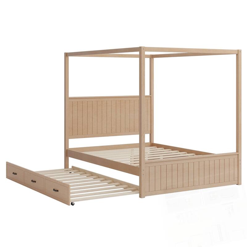Modern Queen Size Canopy Platform Bed with Trundle and Three Storage Drawers