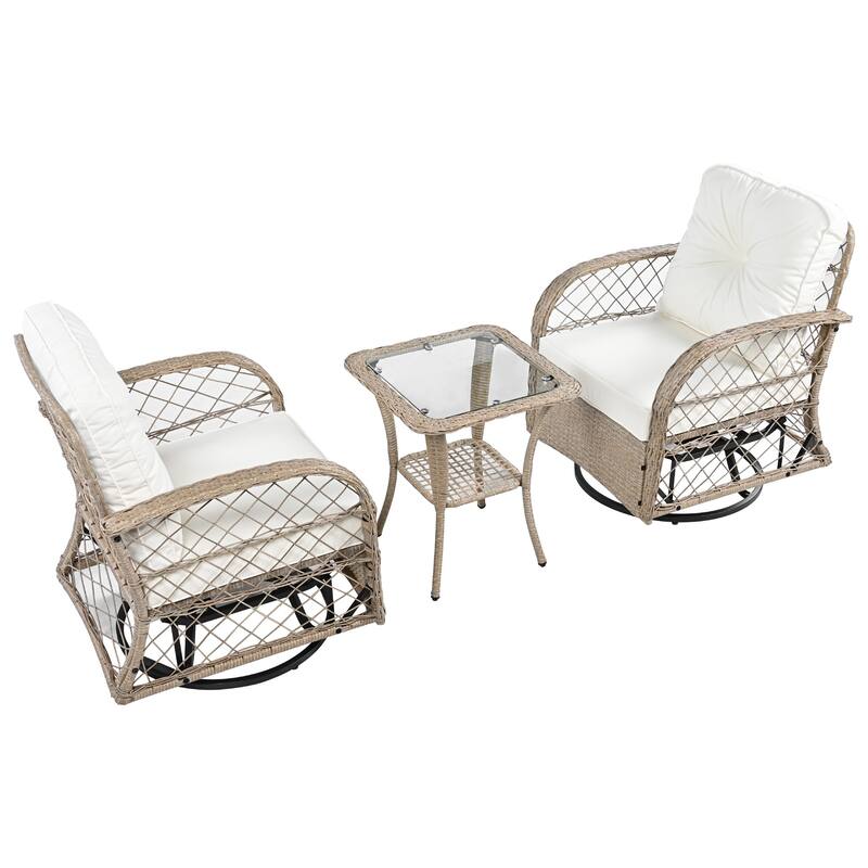 Outdoor Rattan Table Chairs Set with 2 Swivel Chair and Storage Shelf Coffee Table, Patio Conversation Chair Set, 3-Piece