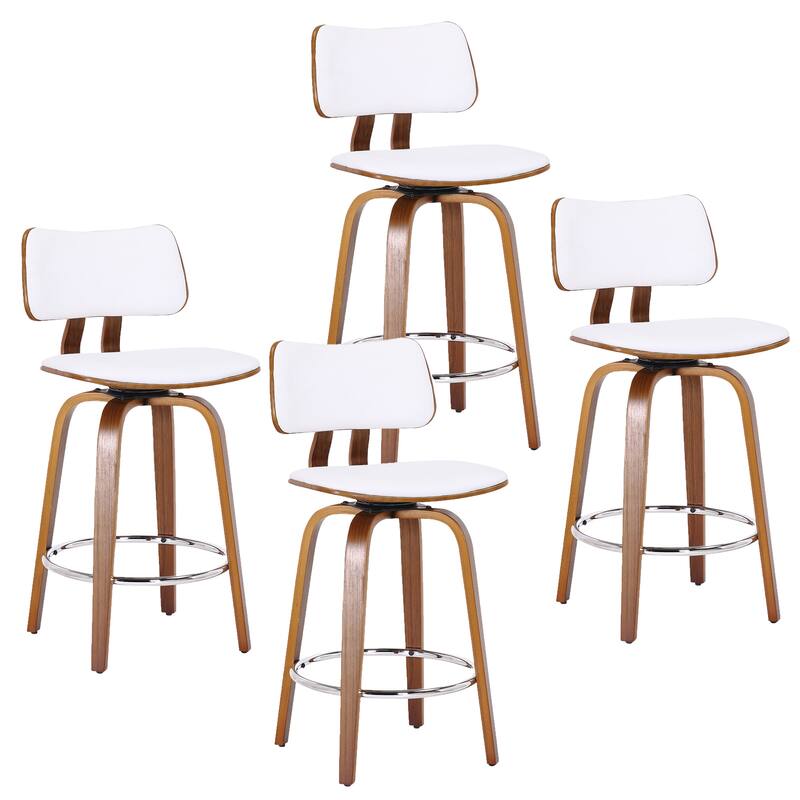 Mid-Century Faux Leather and Wood 26" Counter Stool with Swivel, Set of 4 - White and Walnut