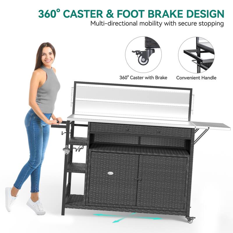 Outdoor kitchen cabinet Rolling Cart Bar Table Stainless Steel Extended - 57.8"L x 47.3"W x 24.8"H