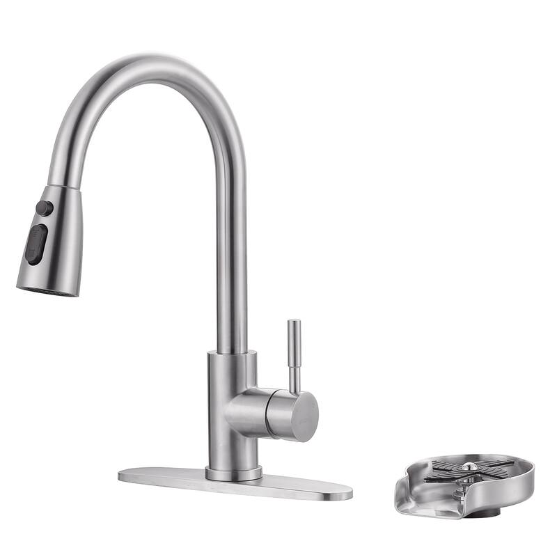 WOWOW Single-Handle Pull Down Sprayer Kitchen Faucet with Glass Rinser - Brushed Nickel