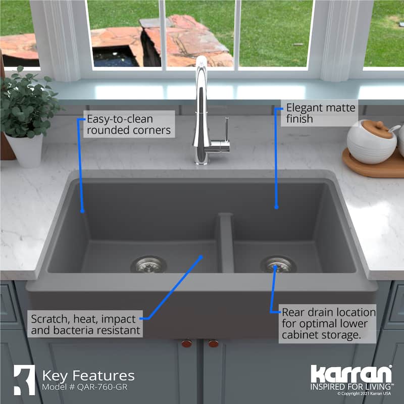 Karran Retrofit Farmhouse Quartz 34 in. Double Bowl 60/40 Sink Kit