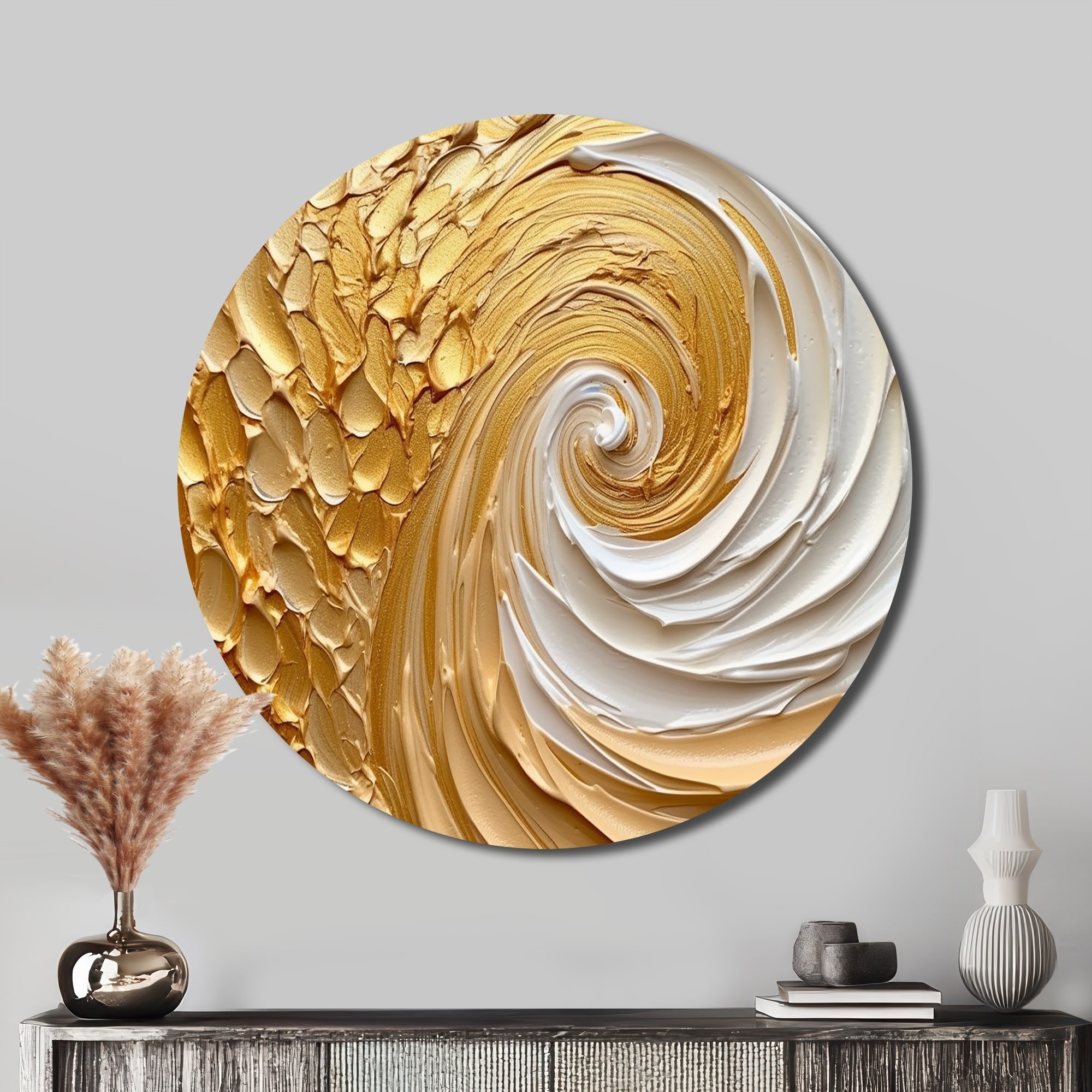 Designart - Gold Eternal Swirl I - Abstract Metal Round Wall Art Print