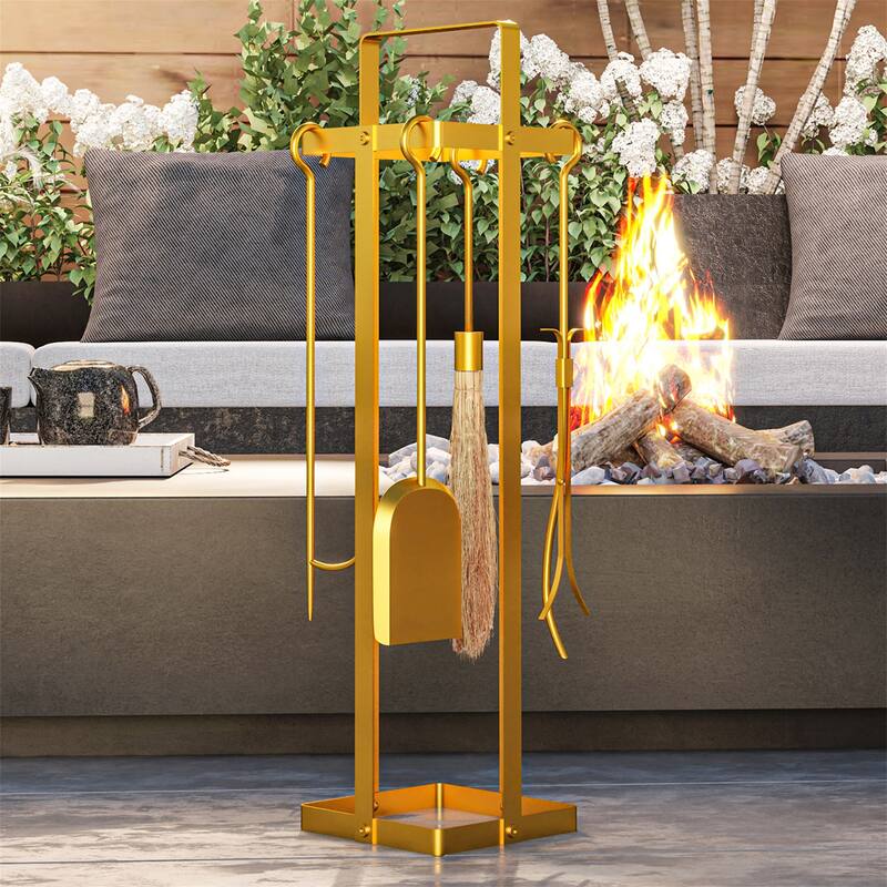 5 Piece Metal Fireplace Tools Set with Brush Broom, Poker, Shovel, Tongs and Stand for Chimney