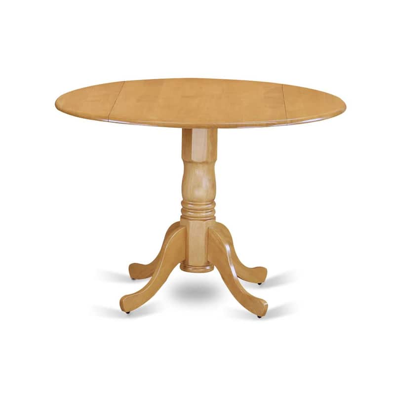 Round Kitchen Table Set - 42 Inch Table w/ Drop Leaves & 2 Parsons Chairs - Linen Fabric, Oak Legs