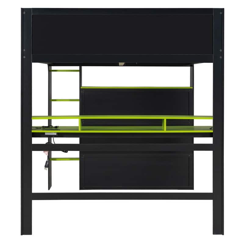 Full Size Wood Bunk Bed with height-adjustable Desk,Wardrobe and RGB Light