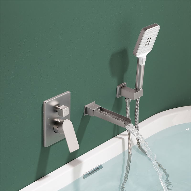 Waterfall Tub Faucet Wall Mounted Single Handle Tub Fillers with Handheld Shower Bathtub Faucet with Rough-in Valve