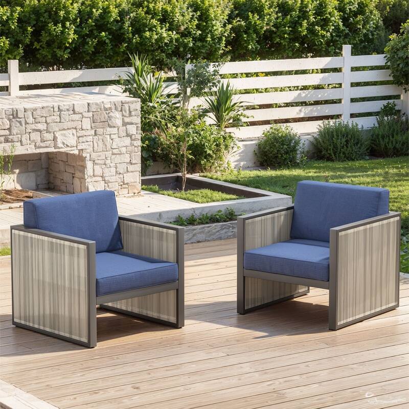 Pocassy 5 Inch Outdoor Patio Funiture Sets - Blue Cushion - 2PCS Patio Chairs with Cushion