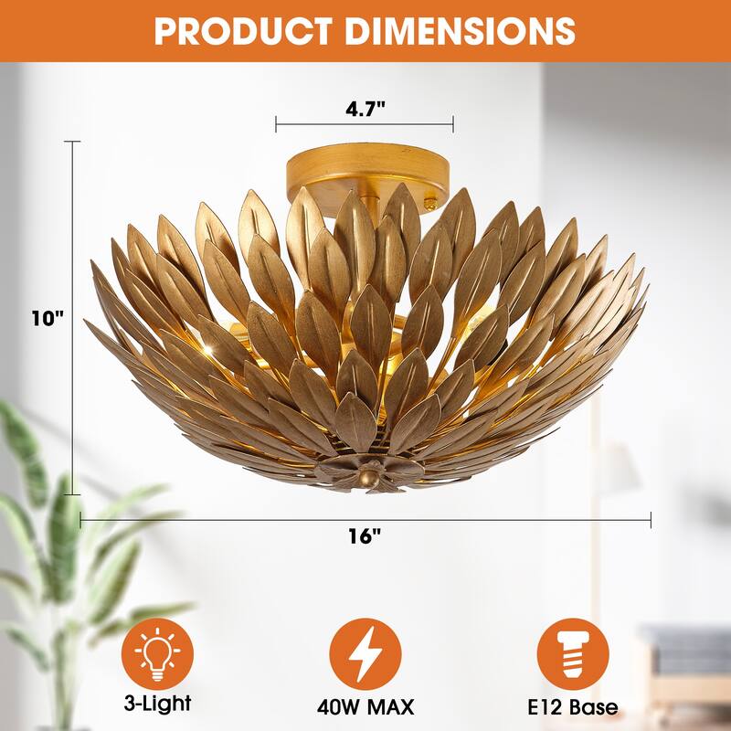 Antique Gold Olive Leaf 3-Light Semi Flush Mount Ceiling Light - 16" W x 10.1" H
