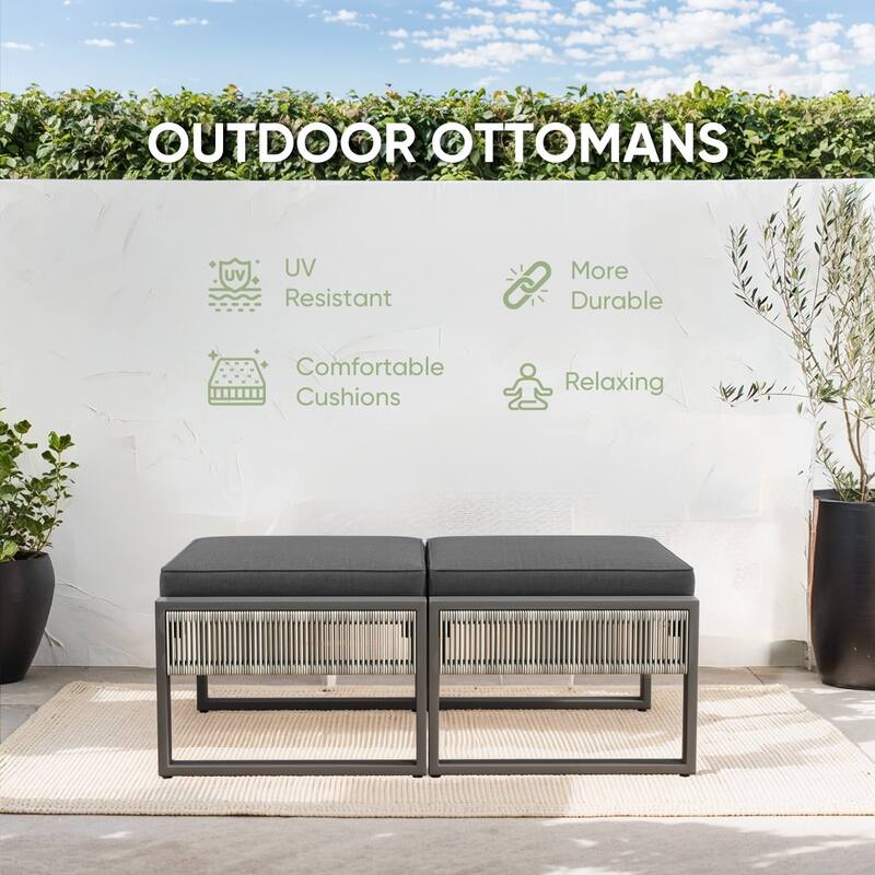 2 Pieces Outdoor Patio Ottoman, All Weather Rattan