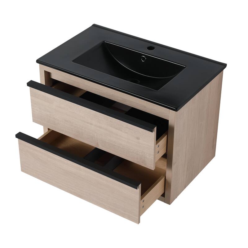 Wall-Mounted Plywood Bathroom Vanity Set in Plain Light Oak with Integrated Sink