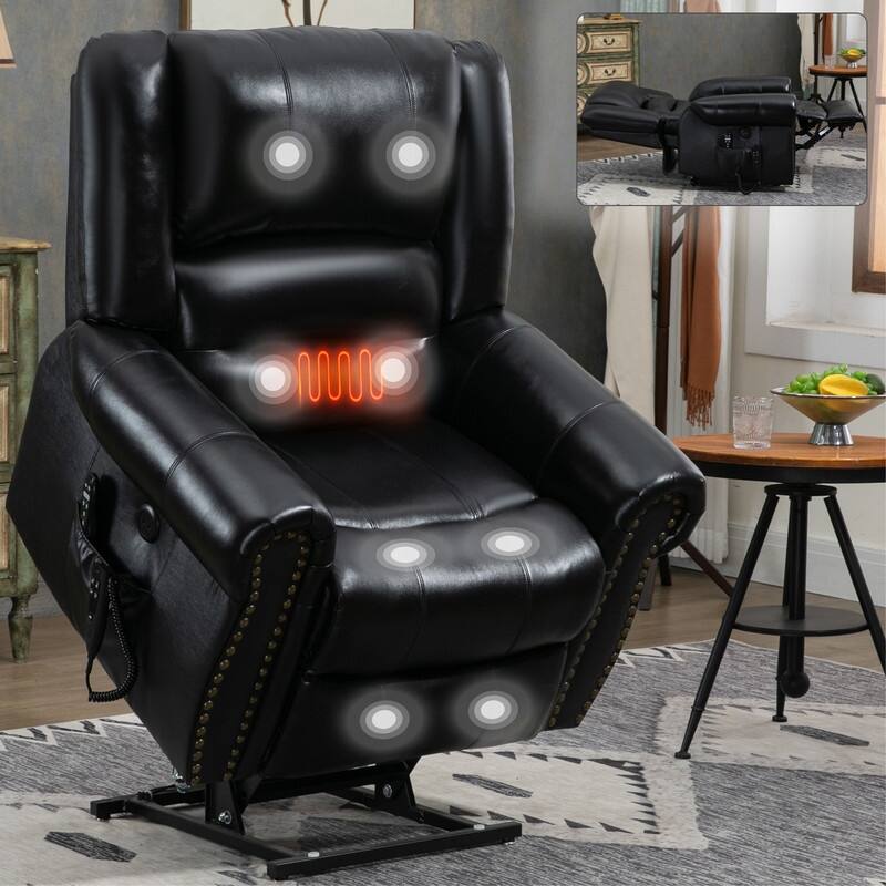 Geniune Leather Power Lift Recliner with Heat Massage & USB Ports - 350 lbs Capacity - Black