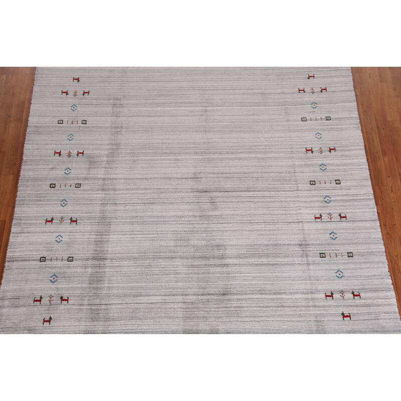 Hand Knotted Oriental 100% Wool Carpet Tribal Animal Pictorial Greys & Charcoal Gabbeh Area Rug - 9' 10'' X 7' 10''