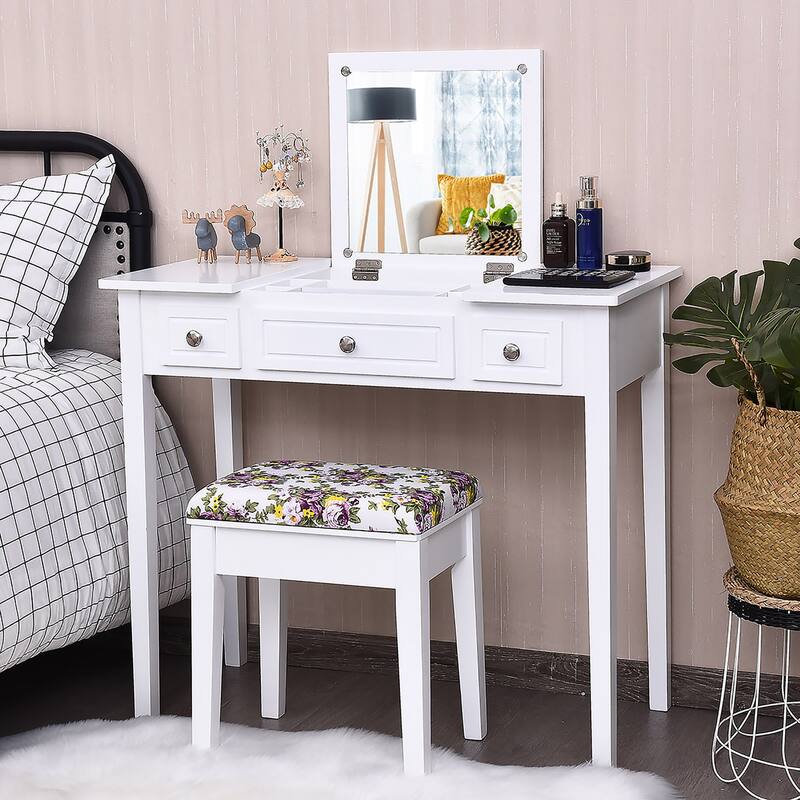 Vanity Set with Bench Dressing Table with Flip Top Mirror
