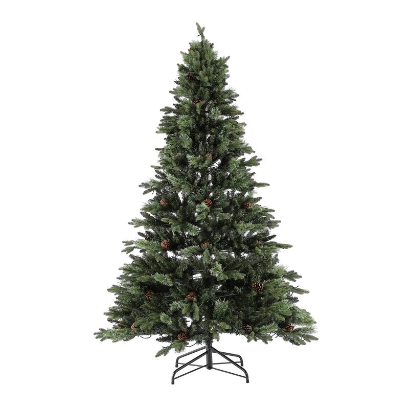 SAFAVIEH 7.5 Ft, Green, Pre-Lit Artificial Christmas Tree With Pine Cones - 56" W x 56" D x 90" H