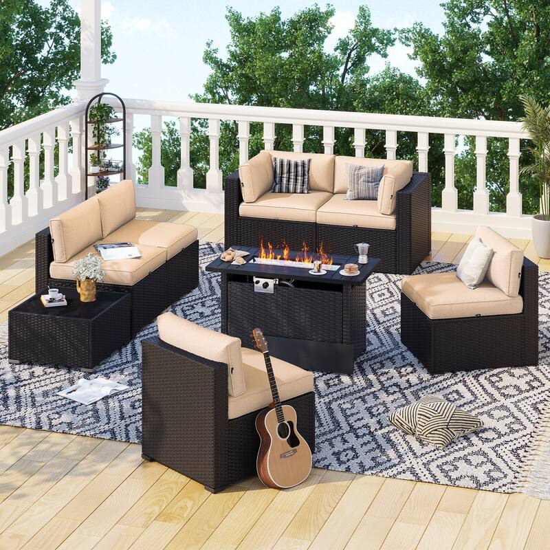 AOXUN Wicker Rattan Outdoor Sectional Sofa Set with Coffee Table - 8 pcs - Black-Khaki