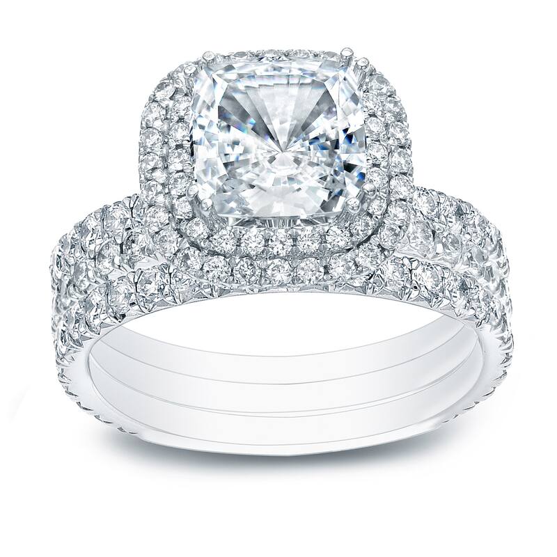 Auriya 2 1/2ctw Cushion-cut Halo Diamond Engagement Ring 3pc Set 14k Gold - White - 8