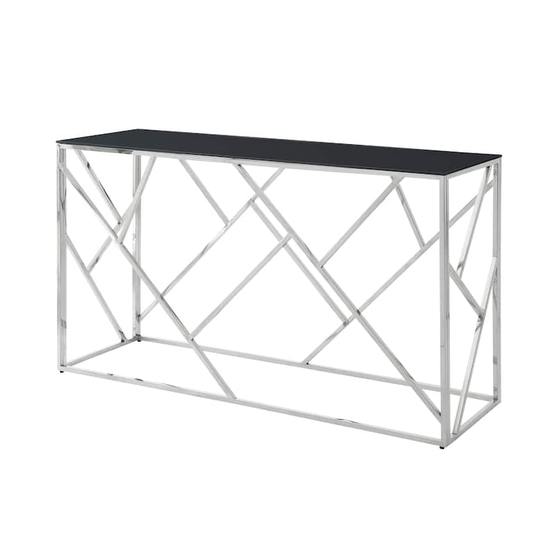 55" Gold Sofa Table With Sturdy Metal Frame And Black Tempered Glass Top