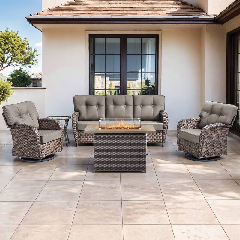 Gymojoy Outdoor Wicker Patio Furniture Sofa Set with 55,000 BTU Fire Pit Table, Swivel Chairs, Ottomans & Side Tables - Brown Wicker / Grey Cusion - 5-Piece