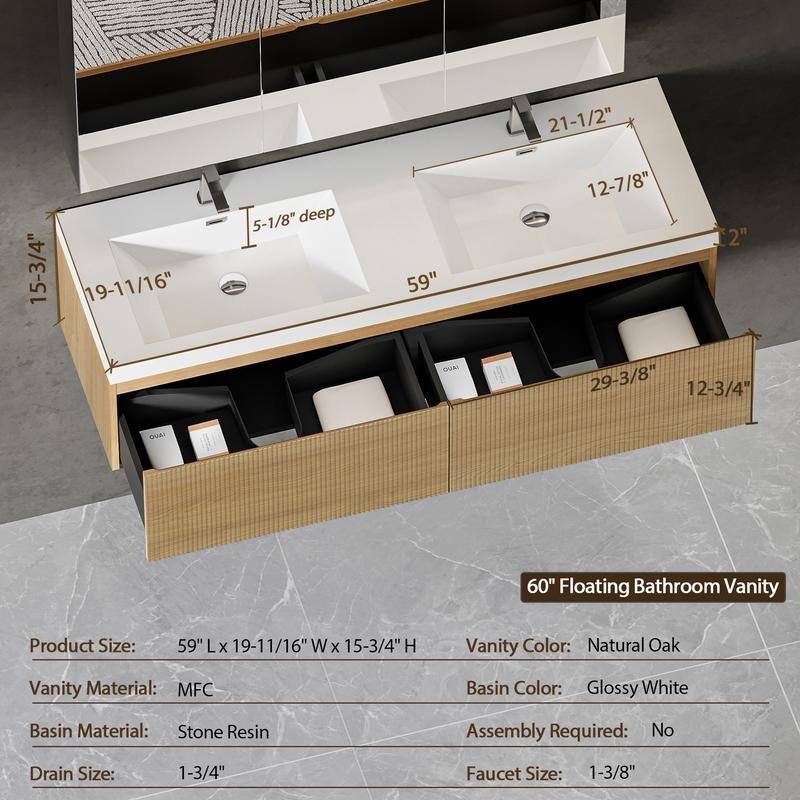 ABRUZZO Floating Vanity with Integrated Top Sink Soft-Close Wall-Mount Bathroom Cabinet