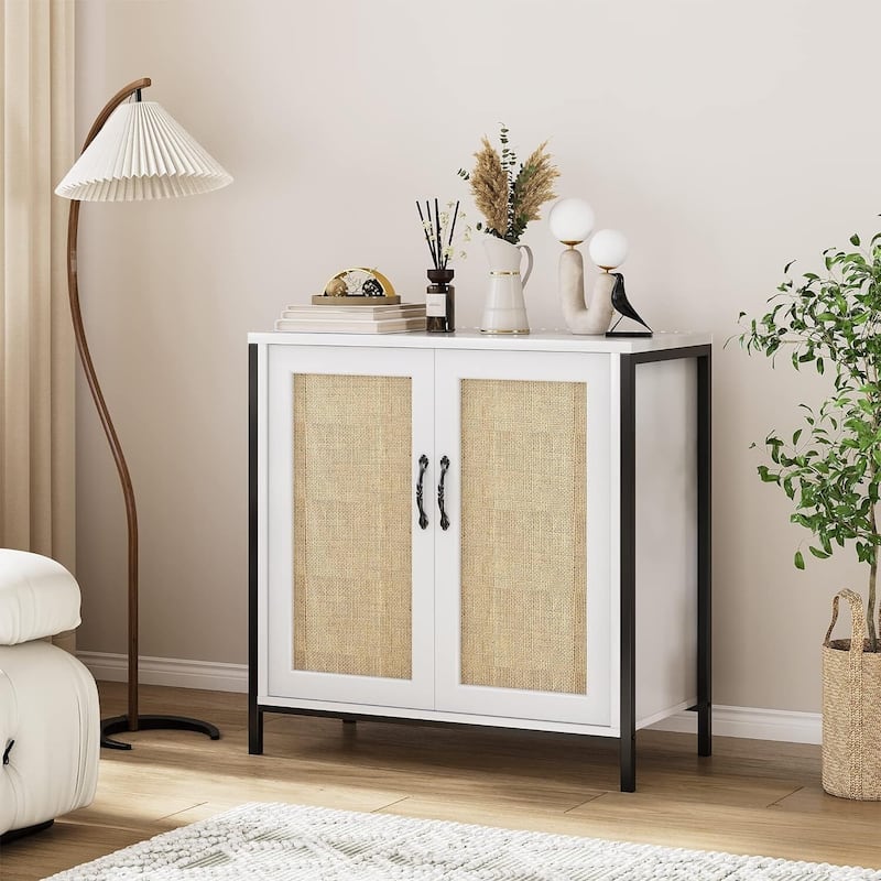 Rattan Storage Cabinet with Doors and Shelves, Natural Rattan Sideboard and Buffet with Storage
